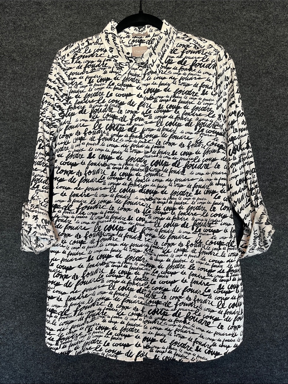 Chico's Button-Down Blouse with Black Script Print
